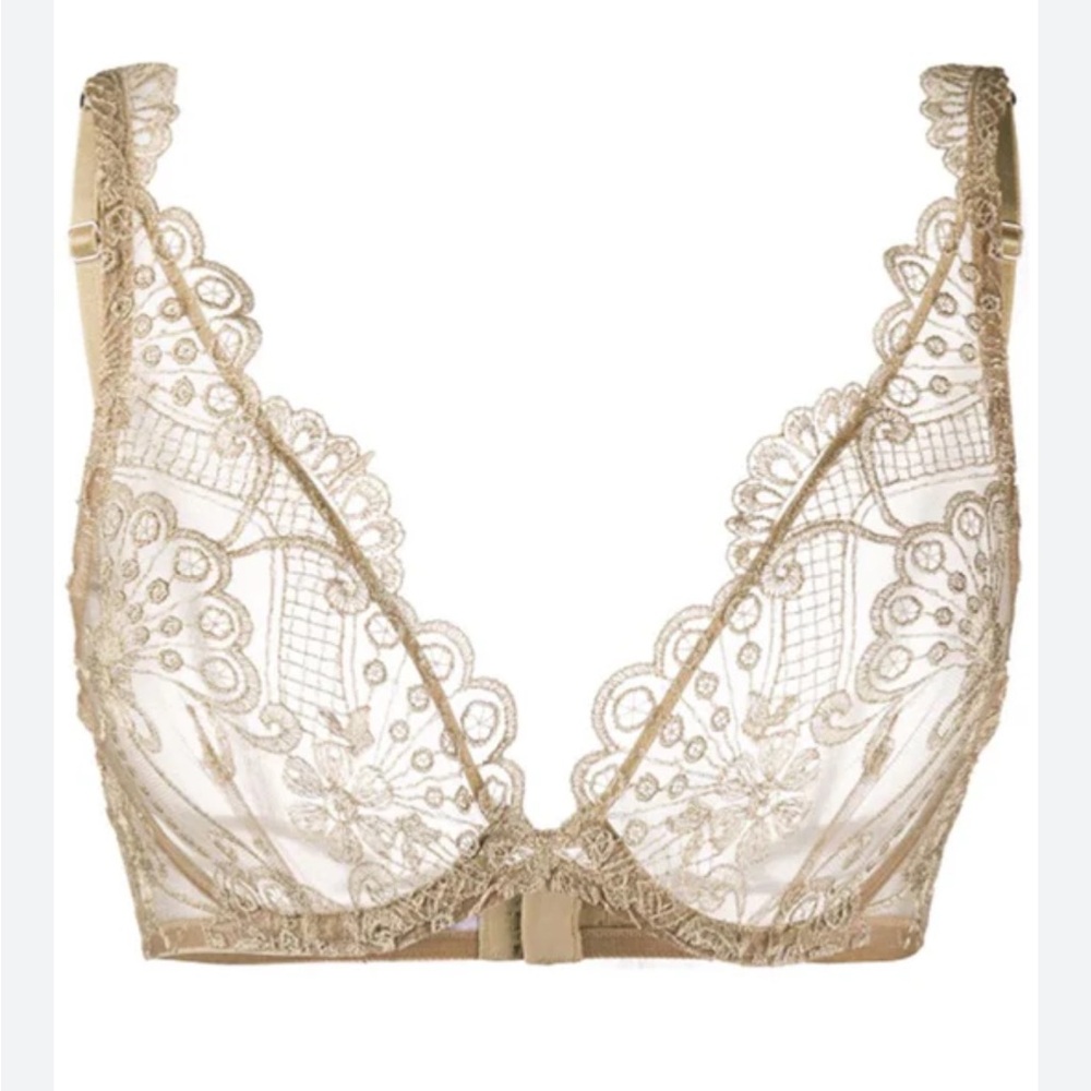 I.D. SARRIERI Christmas Gold Triangle Lace Metallic Plunge Bra EU 80B / US 36B